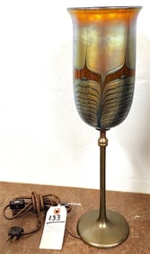 Bronze Base Table Lamp w/Art Glass Shade Sgnd E. Chambers