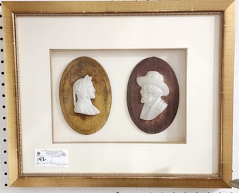 19th C 2 Framed Portrait Medallions In Shadowbox Frame 6 3/4" X 4 1/2" w/Frame 16" X 19"