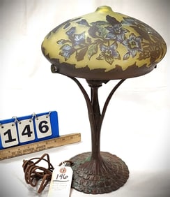 Bronze Base Table Lamp w/Acid Etched Shade Sgnd Galle 15 1/2" H X 9 1/2" Diam.
