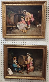 Pr. 19th C O/C Wine Cellar Scenes 15" X 19" w/Frame 18 1/2" X 22 1/2"