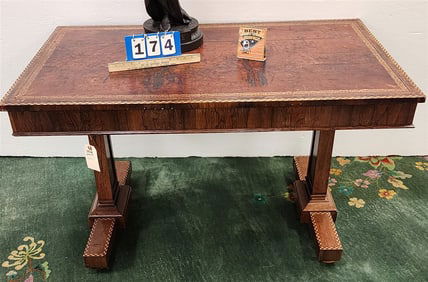 19th C Biedermier Inlaid Rosewood Leather Top Library Table 29" H X 48" W X 27 1/2"