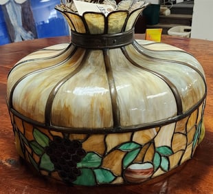 Vintage Slag Glass & Leaded Glass Chandelier (3 Panels Have Cracks) 15" H X 21" Diam.