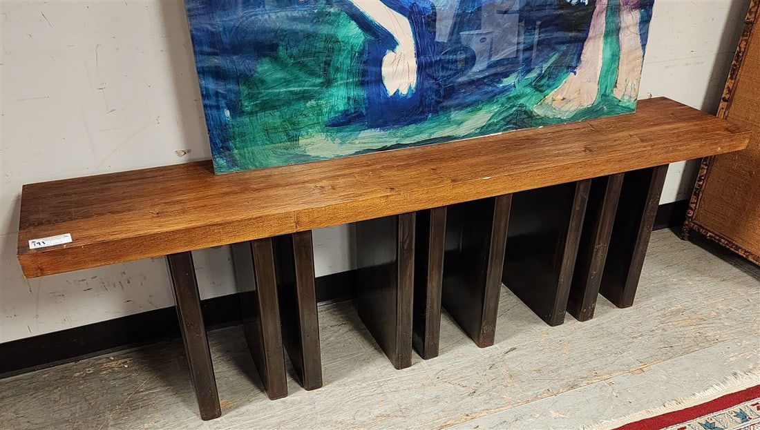 Modern Steel Base Wooden Slab Top Stand 21" H X 71 1/2" W X 14" D: Modern Steel Base Wooden Slab Top Stand 21" H X 71 1/2" W X 14" D