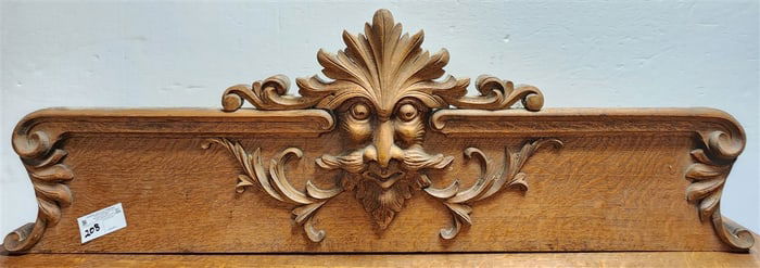 Vintage Oak Gallery w/Carved North Wind Face 16" H X 4' W