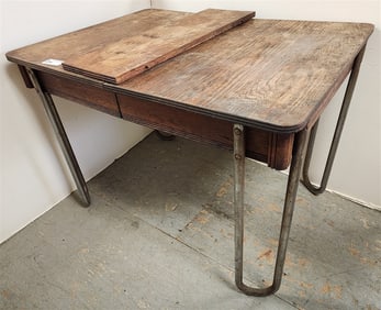 Mid Century Oak Kitchen Table w/Leaf & Metal Tube Legs 30" H X 42" W X 31" D