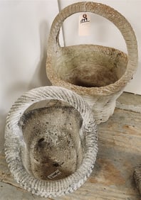 2 Cast Cement Garden Basket Planters - 21 1/2" H X 16 1/2" Diam. + 15" H X 16" W X 12" D