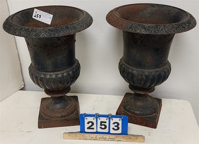 Pr. Cast Iron Urns 17" X 12 1/2" Diam.