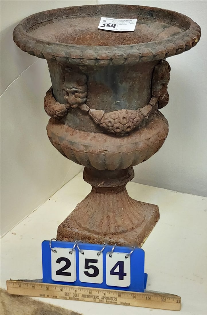 Cast Iron Urn 17 1/2" H X 13" Diam.: Cast Iron Urn 17 1/2" H X 13" Diam.
