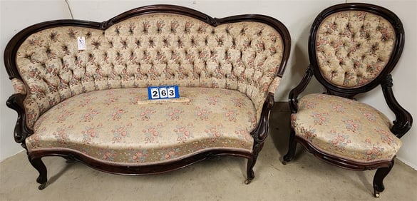 Victorian Rosewood Sofa & Chair - Sofa- 38" H X 71" W X 21" D Chair - 39" H X 25" W X 21 1/2" D