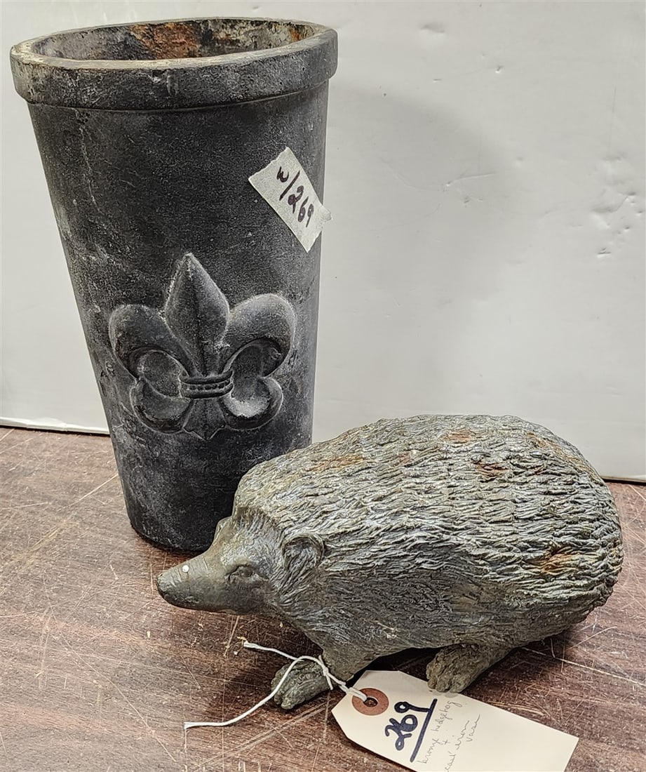 Cast Iron Vase 10" H X 6" Diam. + Bronze Hedgehog 4" H X 8  1/2" L X 4" W (1 of 1)