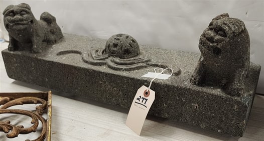Carved Blue Stone Garden Orament w/Foo Dogs 8 1/2" H X 24" W X 7" D