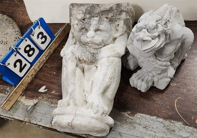 Cast Cement Gargoyle Plaque 14" H X 7 1/2" W X 3 1/2" D + Cast Cement Gargoyle Figure 6 1/2" H X 5"