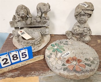 3 Pc. Cast Cement  - Doggie Planter 11" H X 11 1/2" W X 9" D, Seated Boy w/Dog 11" H X 7 1/2" W,