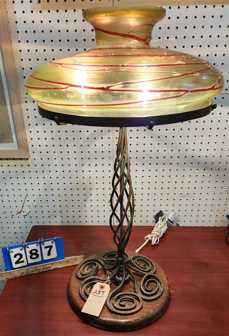 Bronze & Wood Table Lamp w/ Art Glass Shade (Small Chip On Rim) 27 1/2" H X 15" Diam.-Shade (1 of 4)