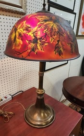 Vintage Brass Table Lamp w/Reverse Painted Shade (Small Chip On Edge) 31" H x 17 3/4" Diam.- Shade