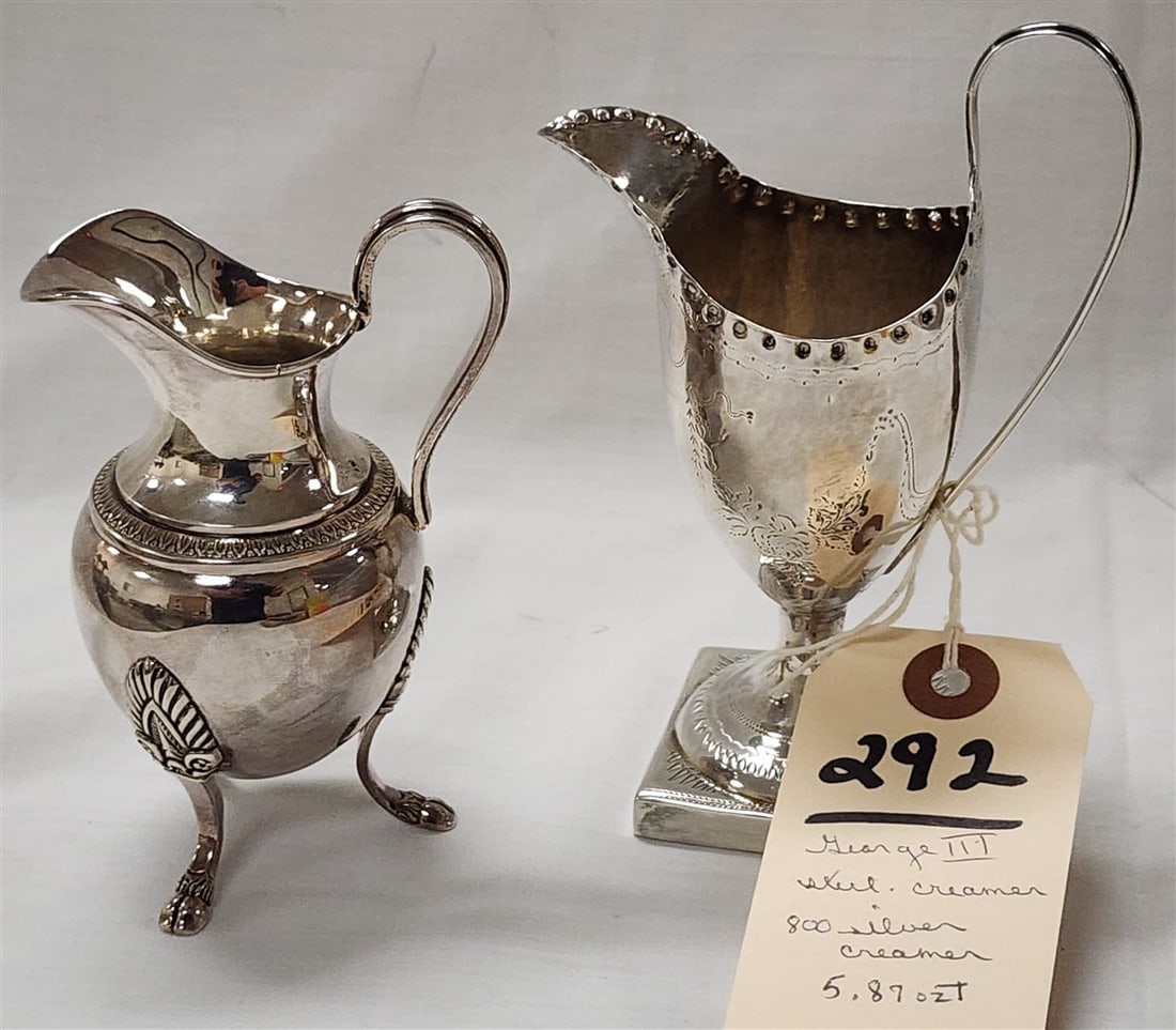 Lot 2 Creamers - George III Sterling 5 1/2" H + 800 Silver 4 1/2" H  5.87 ozT. (1 of 6)