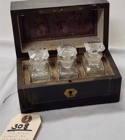 19th C Ebonized Bx w/Brass Inlay & 3 Cut Bottles Inside 4" H X 6" W X 3 1/4" D