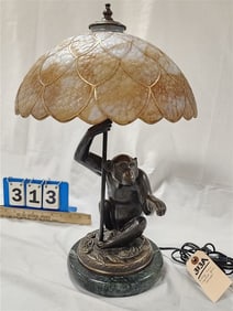 Bronze Monkey Figure Base Table Lamp w/Repaired Glass Shade 19" H X 12" Diam.