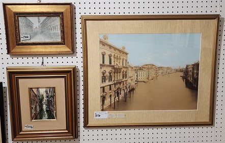 Lot 3 Framed Items - Vintage Hand Tinted Photograph Of the Grand Canal Venice  16 1/2" X 20 1/2"