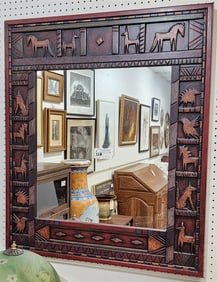 Folk Art Carved Frame Mirror Sgnd Laura Shapiro 37" X 32"