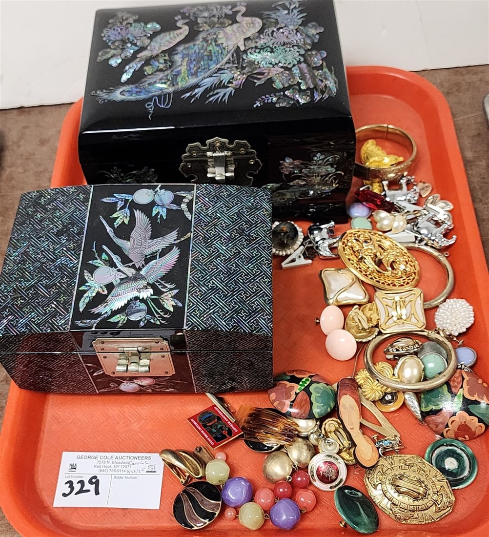 Tray 2 MOP Inlaid Jewelry Bx's 5" H X 8" W X 6" D + 4" H X 7 1/4" W X 5" D w/Costume Jewelry: Tray 2 MOP Inlaid Jewelry Bx's 5" H X 8" W X 6" D + 4" H X 7 1/4" W X 5" D w/Costume Jewelry