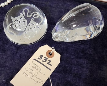 Tiffany & Co. Rabbit Crystal Hand Cooler 2 1/2" H X 2 3/4" W X 4" L + Comedy/Tragedy Paper Weight