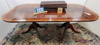 Double Pedestal Mahog & Burl Walnut Dining Table 30 1/2" H x 76 1/2" L X 44" D