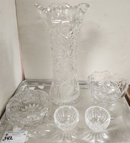 Tray Cut Glass & Crystal - 14" Cut Vase + 2 Waterford Bowls 2" X 3", Etc.