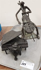 2 Bronze Figures - Chellist 10" H + Pianist 6" H