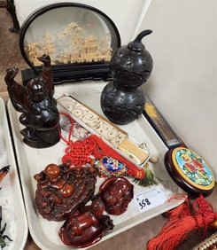 Tray Chinese Items - Rosewood Craved Buddha 8 1/2", Carved Cork Diorama 9" H X 12 1/2" W X 3 1/2" D,
