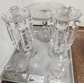 Tray Crystal Candlesticks w/Prisms, Vintage Pressed Glass Compote Good Luck Pattern, Etc.
