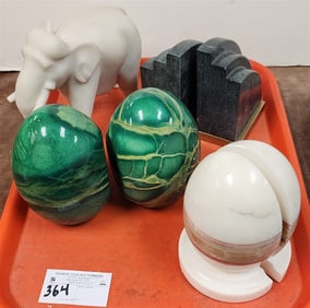 Tray 3 Marble Bookends + Marble Elephant Figurine 6 1/2" H X 8" L