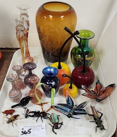 Tray Lot Art Glass Vases, Candlesticks + Bug & Fruit Figurines