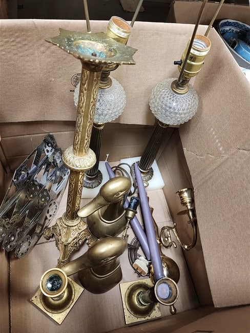 Bx Brass items  -  Candlesticks, Pr. Goose Bookends, Sconce + Lamps, Etc. (1 of 3)