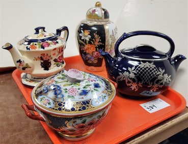 Tray Porcelain Incl. 19th C Covered Bowl 6" H X 6 1/2" Diam., Halls Cobalt Double Spout Tea pot