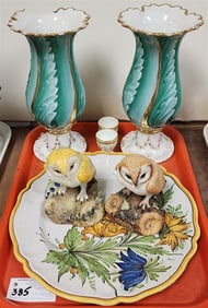 Tray - 2 Royal Crown Derby Barn Owl Figurines, Pr. 19th C Hard Paste Vases (1 w/ Big Chip On Lip),