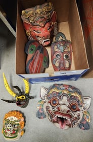 Bx 2 Thai Wooden Masks 9" X 11 1/2" + 9" X 8" + 4 Other Masks + Carved Figure Of Seated Child