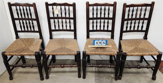 Set 4 19th C English Oak Spindle Back Rush Seat Side Chairs