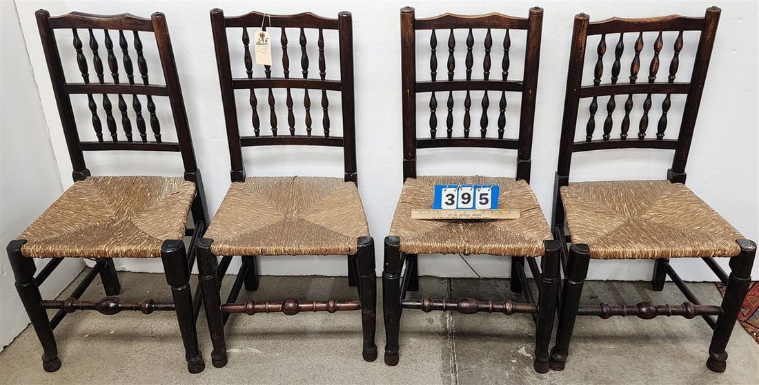 Set 4 19th C English Oak Spindle Back Rush Seat Side Chairs (1 of 3)