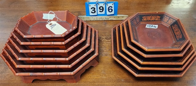 2 Sets Chinese Wooden Stackable Bowls 1-Stack Of 6, 6 1/2" X 17" W X 13 1/2" D, 1- Stack Of 5, 5" H
