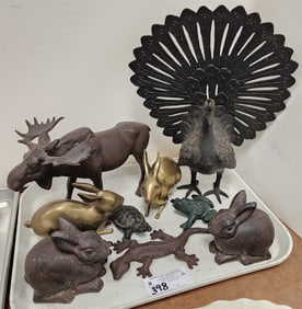 Tray 10 Cast Iron & Brass Animal Figurines  Incl. Peacock 15" H, Moose 7 1/2", Rabbits 4 1/2" Etc.