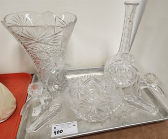 Tray Cut Glass & Crystal Incl. - Cut Glass Vase 10 1/2", Decanter 12 1/2",  Pr. Crystal Candlesticks