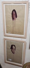 Pr. Watercolor Faces Sgnd B. Labian 21" X 14" w/Frame 25 1/2" X 18 1/2"