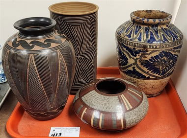 Tray Pottery Vases, Francisco Calero 3 1/2" H X 7 1/2" X 9 1/2", Allen '93  10" H X 5 1/4" Diam.,