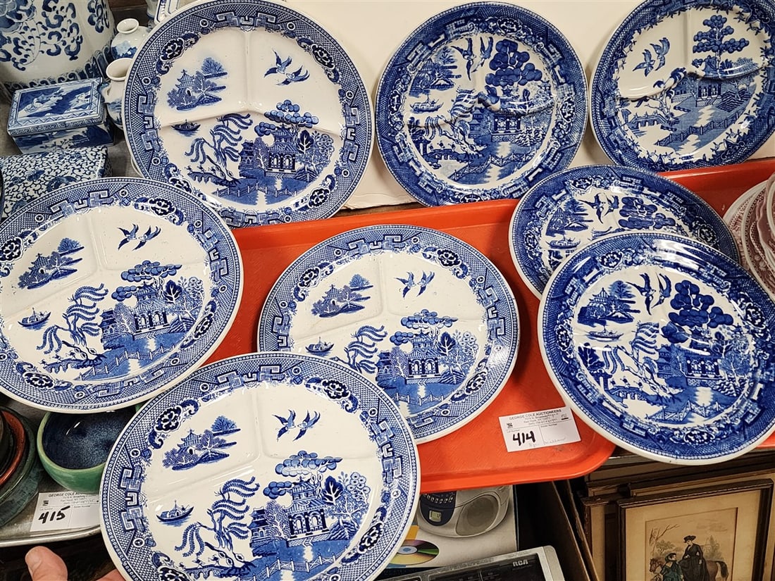 Tray 8 Willow Ironstone Transferware Sectional Plates - 4-11" Diam. (1 of 5)