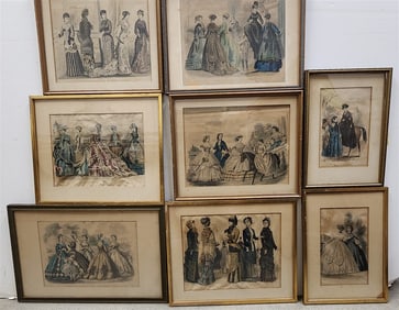 Bx 10 19th C Framed Hand Ptd. Engr. Godey's Fashion