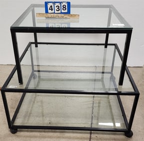 Lot 2 Metal Frame Glass Top Coffee Tables 17" H X 38" Sq. + 16 1/2" H X 30" Sq.