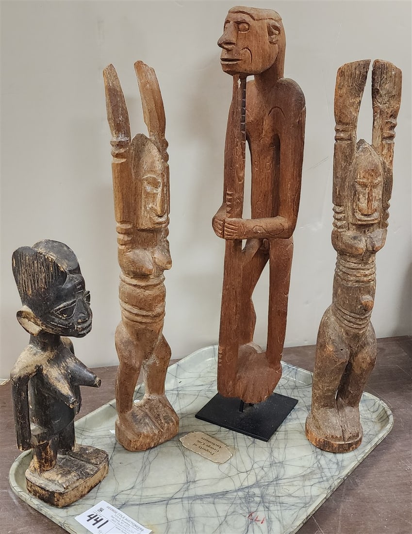 Tray 4 Pc. African Wooden Figures 19", 11", 17" + 17": Tray 4 Pc. African Wooden Figures 19", 11", 17" + 17"