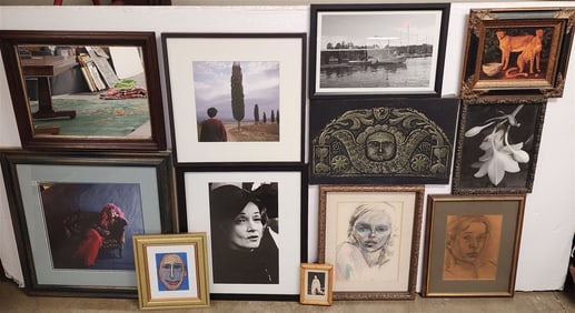 Bx Lot 9 Framed Artwork - Photo Janis Joplin  15 1/2" Sq., Greta Garbo, Mixed Media Portrait Sgnd
