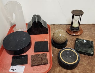 Tray Marble Desk Items - Bookends, Covered Bx, Ash Tray Etc. + Hour Glass